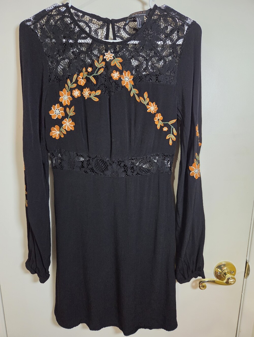 Forever 21 Black Long Sleeve Mini Dress Orange Floral Embroidery DarkCottagecore